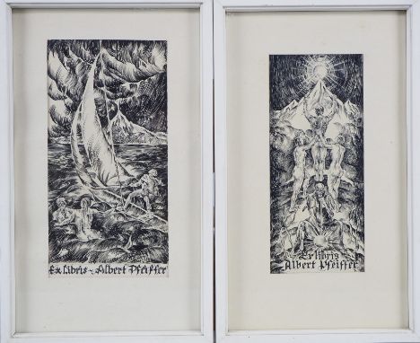 2 Entwürfe für das Exlibris von Albert Pfeiffer (Fotograf, Ulm), 1939Tusche auf Papier. Einmal Darstellung eines Seglers und 