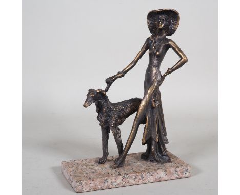 Bronze Skulptur im Art DecoDarstellung einer Frau mit Windhund an der Leine, montiert auf Steinsockel, Bronze patiniert, 20 J