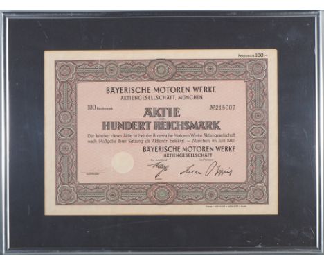 BMW Bayerische Motoren Werke AG, München - Aktie 100 RM, Juni 1942originale BMW Aktie vom Juni 1942, Nennwert 100 Reichsmark.