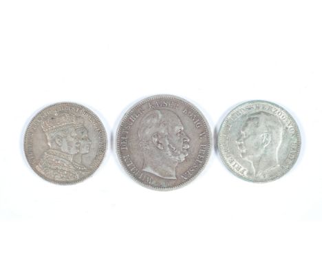 3 Silbermünzen Preussen und Baden, Mark / Thaler 1861 - 19121.) Krönungstaler Preußen Wilhelm I. und Augusta 1861, Ø33mm, 18,