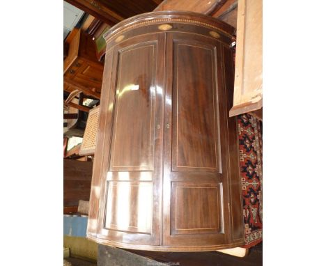 A good quality Cabinet maker made Mahogany bow fronted Corner Cupboard having inlaid shell detail, contrasting light and dark