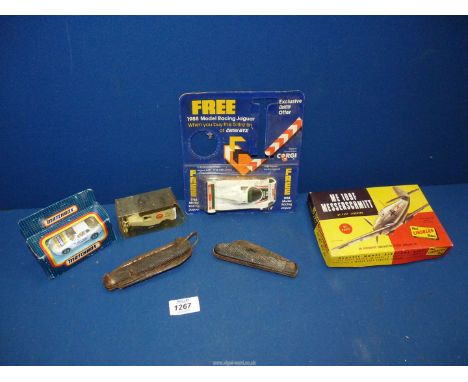 Two folding knives, one with pipe tamper, plus boxed Matchbox and Corgi cars.****ALL WEAPONS MUST BE COLLECTED IN PERSON - NO