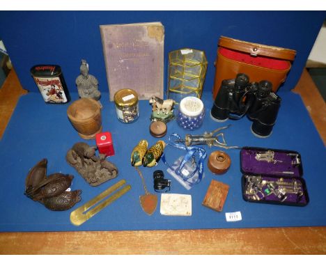 A box of miscellanea to include: marbles, tins, a box of official Singer sewing machine spare parts, a small Terracotta Army 