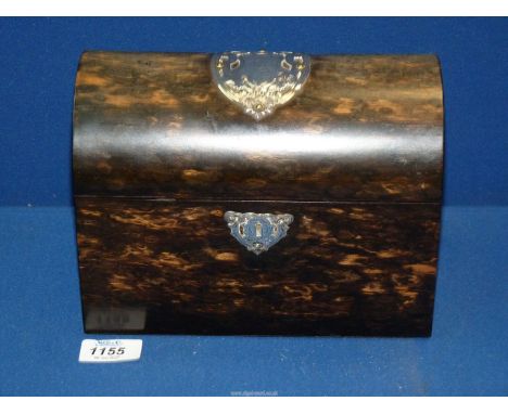 A Victorian Coromandel Stationary Box with domed lid and silver mounts and silk lined interior, silver mounts hallmarked Lond