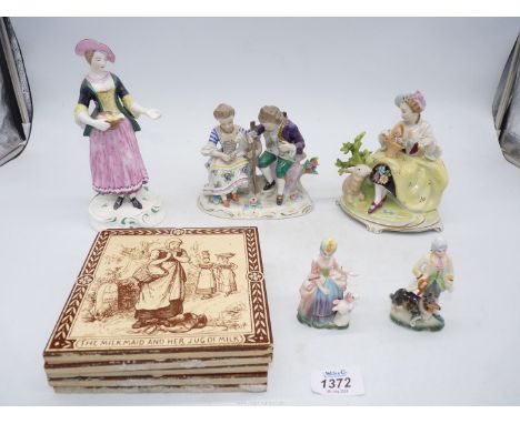 A small quantity of figures to include: Spode" Chelsea figurines"  "Sitzendorf" figure group of a couple feeding sheep and a 