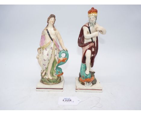 A pair of 19th century Staffordshire pearlware figures of Neptune (missing trident) and Venus (missing arm).