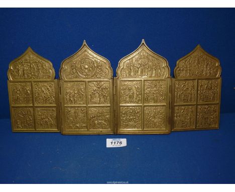 A fine four leaf Russian folding cast brass travelling Icon (tetraptych), 18th - 19th c., typically with scenes from the life