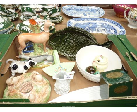 A quantify of china to include: Sylvac rabbit posy bowl, Spode "Velamour" leaf dish, Staffordshire greyhound spill vase. (as 