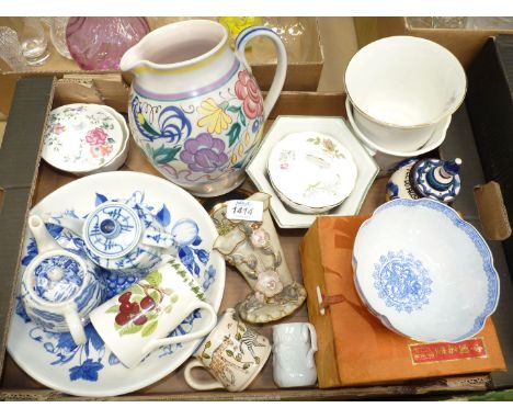 A box of miscellaneous china to include large Poole Pottery jug, 8" high, Portmeirion 'Pomona' small jug, 4 1/2" high, Portme