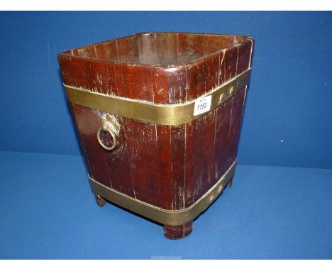 An Oak brass bound coopered Bucket/Jardiniere Pot with ring handles, 10" square x 11 1/2" high.