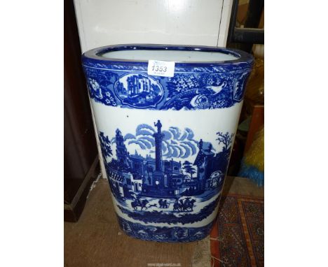 An Ironstone blue and white stick/umbrella stand, 12'' wide x 17 1/2'' high.