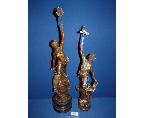 Two "Automobile" Spelter figures, 20 3/4" and 18" tall (lacking base).