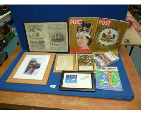 A quantity of miscellanea including a framed 'British Airways Concorde first flight' First Day Cover, a framed 'Middlesex cou