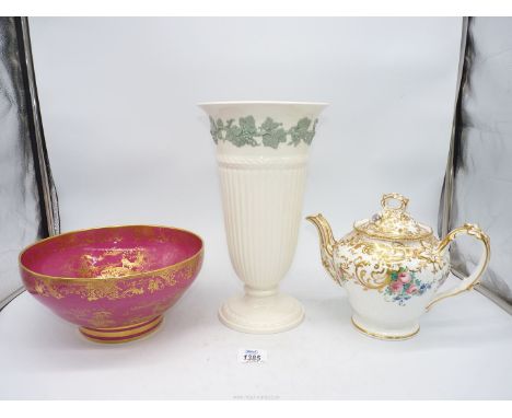 A Spode lustre bowl decorated with gilt Chinese scenes, floral and gilt tea pot and a Wedgwood embossed queens ware large vas