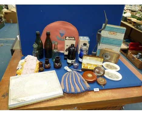 A quantity of miscellaneous to include: two bottles of Parker super quink in black and blue, a carved horn bird, glass bottle