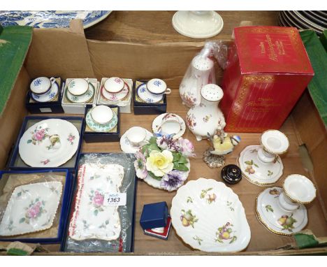 A quantity of china to include: Boxed Spode miniature cups and saucers. a pair of Denby Rockingham sugar sifter 1 boxed, a pa