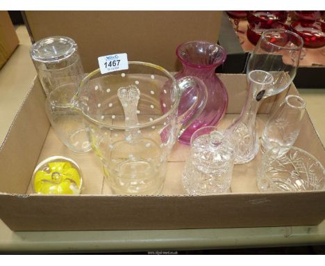 A quantity of glass including carafe, etched glass, white spot bulbous jug, Magenta spiral design vase, Thomas Webb footed bo