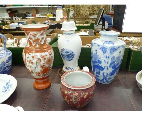 Two oriental vases, small Chinese floral jardiniere pot and an ARD pottery and ceramics white lamp base with blue oriental pa
