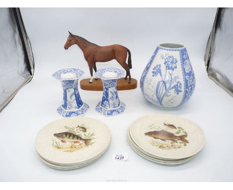 A quantity of china to include Spode vase and candlesticks, Royal Doulton matt finish horse and woods fish design plates.