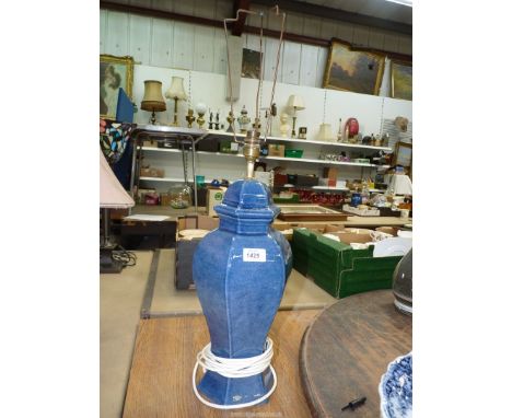 A blue hexagonal shaped table lamp base, 18'' tall.