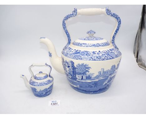 A large blue and white Spode Italian teapot, plus a miniature version.