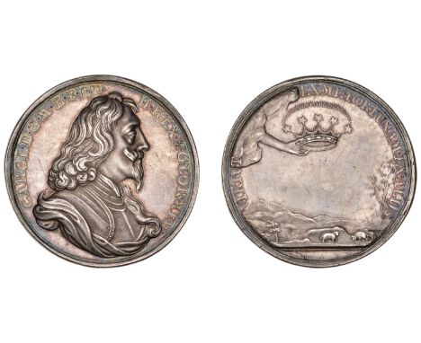 Charles I, Memorial, 1649, a silver medal by J. Roettiers, armoured and draped bust right, rev. hand issuing from cloud holdi