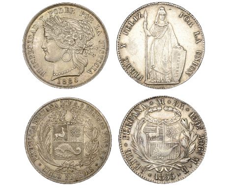 Peru, Republic, 8 Réales, 1855mb, Lima (KM. 142.10a); 5 Pesetas, 1880bf, Lima (KM. 201.2) [2]. First lightly cleaned with som