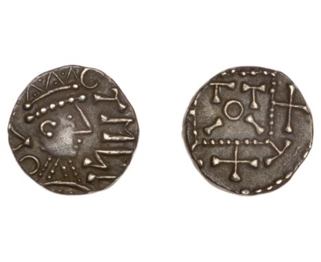 Early Anglo-Saxon Period, Sceatta, series C2, radiate head right with pyramid torso, oa behind, tmcf in front, rev. degraded 