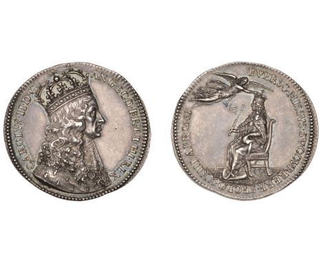 Charles II, Coronation, 1661, a silver medal by T. Simon, crowned bust right, rev. King enthroned, being crowned by Peace, 29