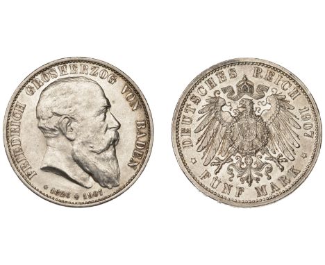 Germany, BADEN, Friedrich I, 5 Marks, 1907 (Dav. 537; KM. 279). Extremely fine £100-£120