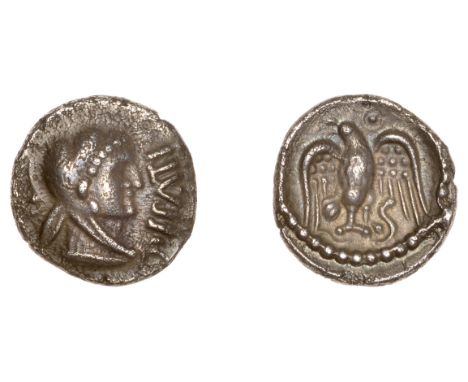 British Iron Age, CATUVELLAUNI, Epaticcus, silver Unit, head of Hercules right, rev. eagle holding snake, ringed pellet above