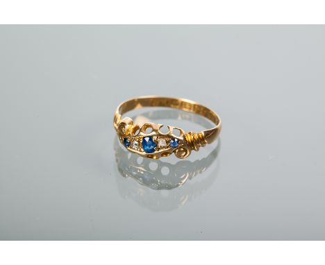 VICTORIAN SAPPHIRE AND DIAMOND FIVE STONE RING
set with alternating sapphires and diamonds, in a scrolling design setting, ha