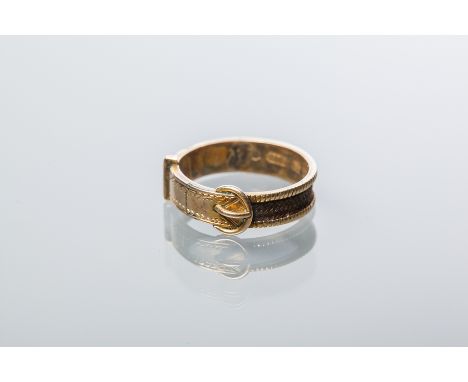 VICTORIAN MOURNING SET BELT MOTIF RING
set with hair, in nine carat gold, Birmingham marks, size J-K