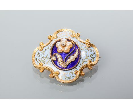 VICTORIAN ENAMEL, PEARL AND DIAMOND BROOCH
of floral design, the central section enamelled in deep blue and set with seed pea