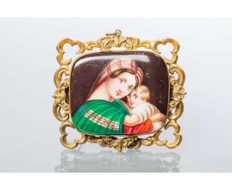VICTORIAN PORTRAIT BROOCH
hand painted to depict a woman and child, with scrolling border, unmarked