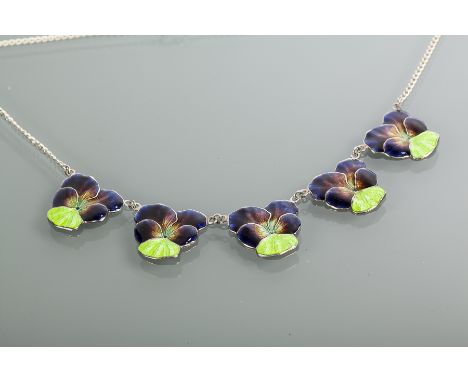 ARTS AND CRAFTS STYLE SILVER AND ENAMEL PANSY NECKLET
set with five pansies enamelled in blues and greens, marked silver, on 