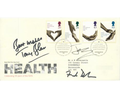 Politics. Tony Blair and 2 others Signed Health- Celebrating 50 Years of NHS First Day Cover. Four British Stamps with Two 23