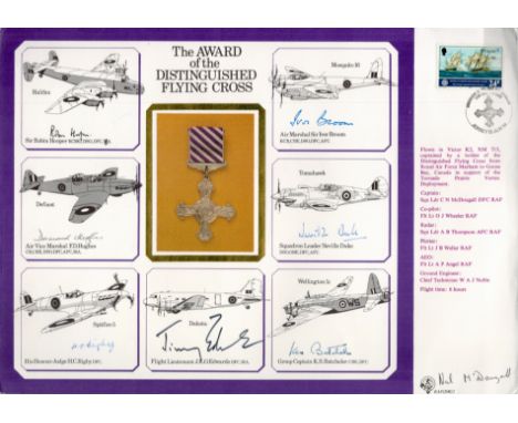 WW2 multisigned DM cover The Award of the Distinguished Flying Cross signed by Sir Robin Hooper, A. V. M F. D Hughes, H. C Ri