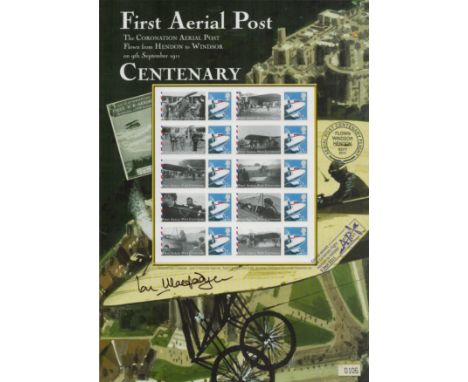 Air Marshal Sir Ian MacFadyen signed First Aerial post stamp sheet. £10 of mint stamps. Good condition. All autographs are ge