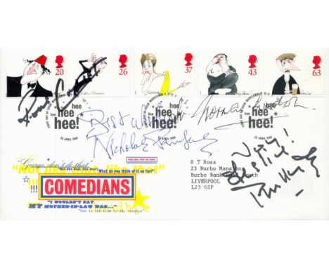 TV. Ronnie Corbett, Norman Wisdom, Leslie Phillips and 1 other Signed Comedians First Day Cover. Five British Stamps with Thr