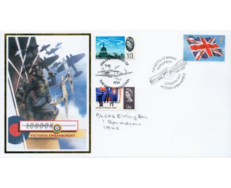 Wg Cdr Tim Elkington Signed The Battle of Britain London Monument First Day Cover. 3 British stamps with 2 Different Postmark