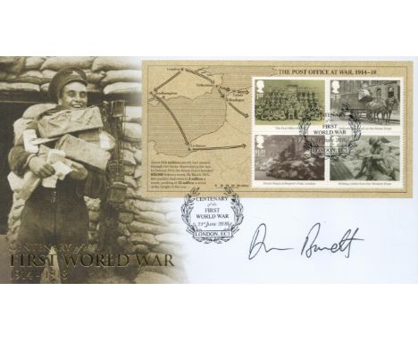 Duncan Barrett signed Centenary of the First World War FDC. Includes stamp sheet on front and 2 postmark stamps 21st June 201