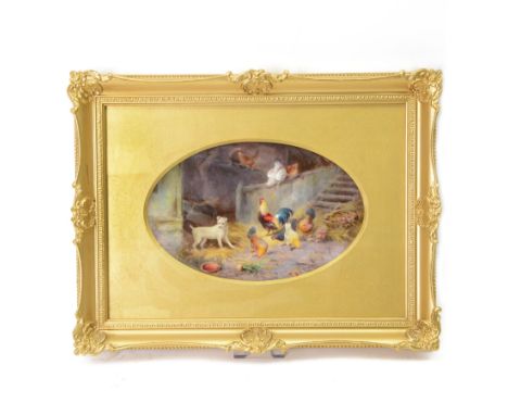 Early 20th century Royal Worcester oval plaque, hand painted by George Johnson, depicting a farmyard scene with white terrier