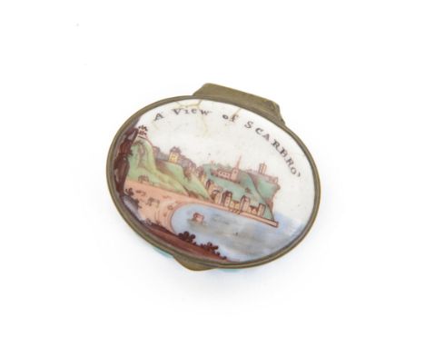 Late 18th/early 19th century Staffordshire enamel patch box, the hinged cover painted with coastal scene and inscribed above 