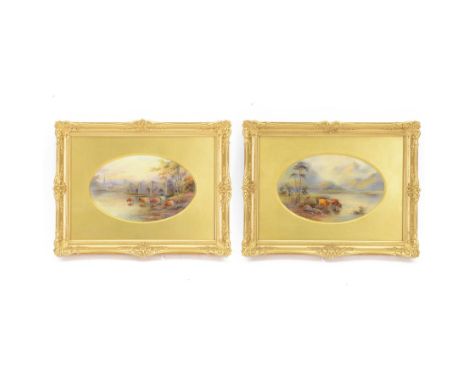 Pair of turn of the century Royal Worcester oval porcelain plaques painted by John Stinton, the first example depicting highl