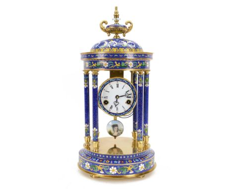 20th century- 8-day cloisonne styled rotunda clock, with six decorative enamel pillars and floral decoration to the base and 