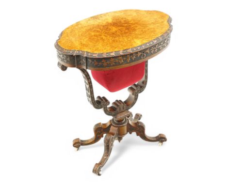 Victorian figured walnut work or sewing box, shaped form, the moulded hinged lid with foliate carved edge, the interior fitte