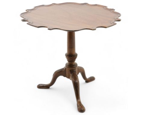 Georgian design mahogany tripod table, moulded piecrust tilt-top, turned pedestal with twist baluster, on three acanthus carv