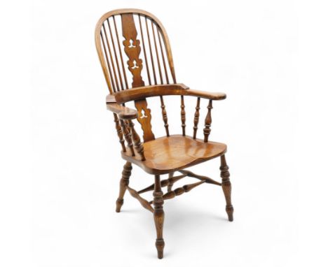 Victorian design high back Windsor armchair, double hoop and stick back with shaped pierced spat, dished saddle seat on turne