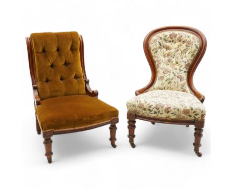 Victorian mahogany spoon back nursing chair, moulded frame with scroll carved terminals, upholstered in buttoned floral patte